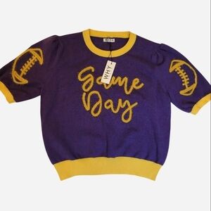 WHY Dress Game Day Purple & Yellow Sweater NWT Puff Sleeve | Med | NWT